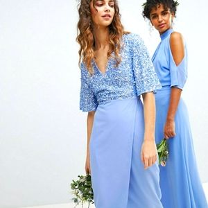 Maya Sequin Top Midi Pencil Bridesmaid Dress With Flutter Sleeve Detail